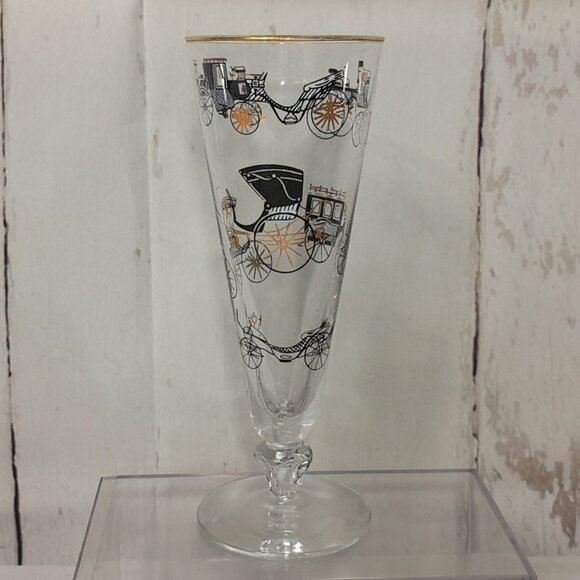 Libbey Champagne Glass Curio Carriage Set Of 5 Trumpet Fluted MCM Black Gold Car - Picture 4 of 11